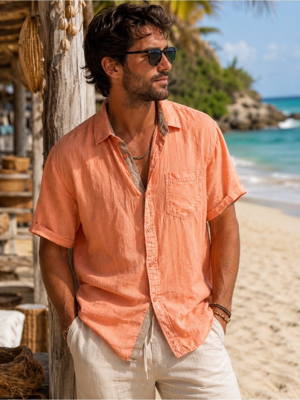Black Brown 1826 100% Linen Shirt XL Peach Coral Button Front Casual